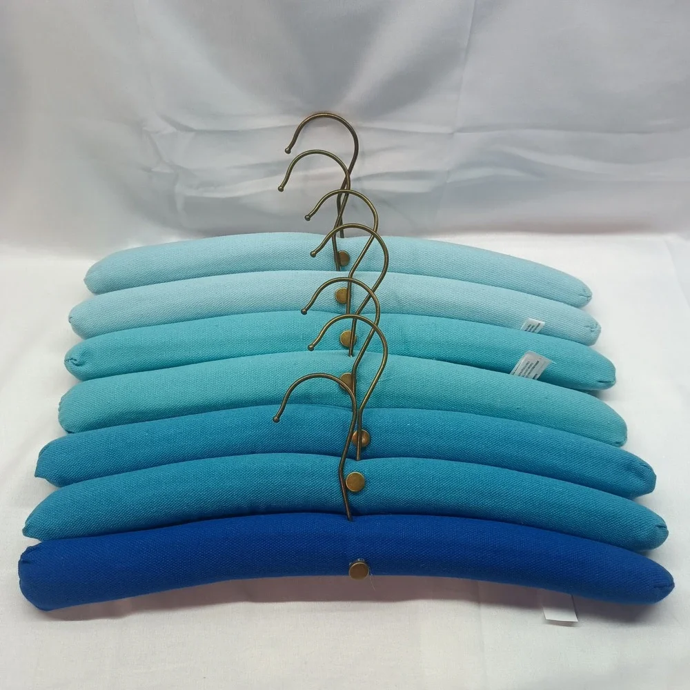 Set of 7 Ombre Blue Padded Cotton Canvas Clothes Hangers Antique Brass Hook